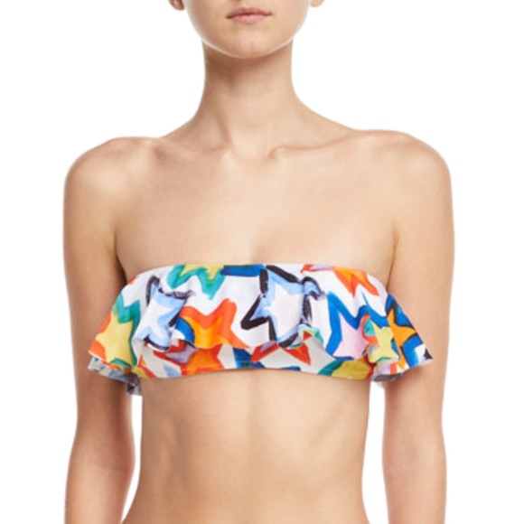 NEW - MILLY Cabana Star-Print Ruffle Bandeau Bikini Top Multicolor - Size Small